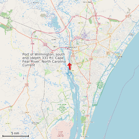 Map of Port of Wilmington, south end (depth 331 ft), Cape Fear River, North Carolina Current Prediction Station