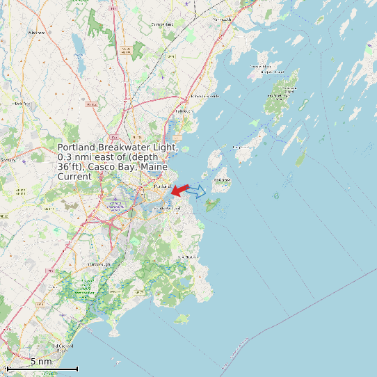 Map of Portland Breakwater Light, 0.3 nmi east of (depth 36 ft), Casco Bay, Maine Current Prediction Station