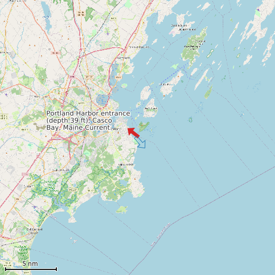 Map of Portland Harbor entrance (depth 39 ft), Casco Bay, Maine Current Prediction Station