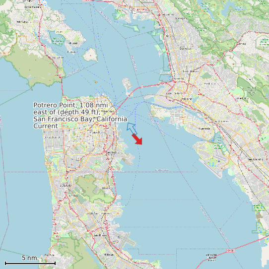 Map of Potrero Point, 1.08 nmi east of (depth 49 ft), San Francisco Bay, California Current Prediction Station