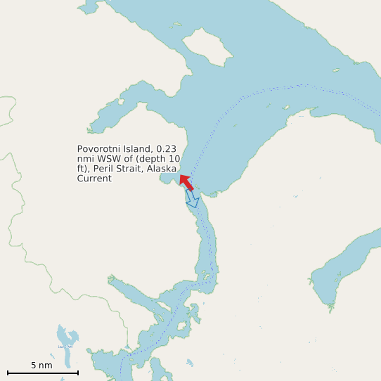 Map of Povorotni Island, 0.23 nmi WSW of (depth 10 ft), Peril Strait, Alaska Current Prediction Station
