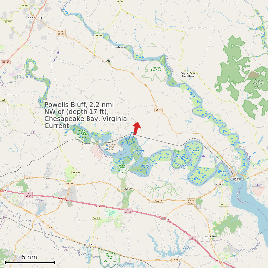 Map of Powells Bluff, 2.2 nmi NW of (depth 17 ft), Chesapeake Bay, Virginia Current Prediction Station