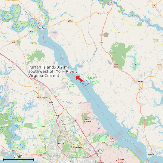 Map of Purtan Island, 0.2 mi southwest of, York River, Virginia Current Prediction Station