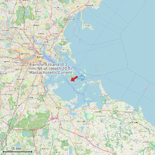 Map of Rainsford Island, 0.2 nmi NE of (depth 20 ft), Massachusetts Current Prediction Station