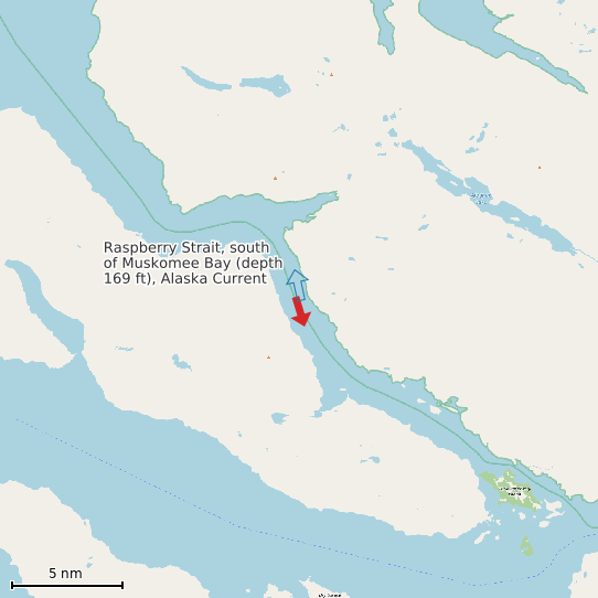 Map of Raspberry Strait, south of Muskomee Bay (depth 169 ft), Alaska Current Prediction Station