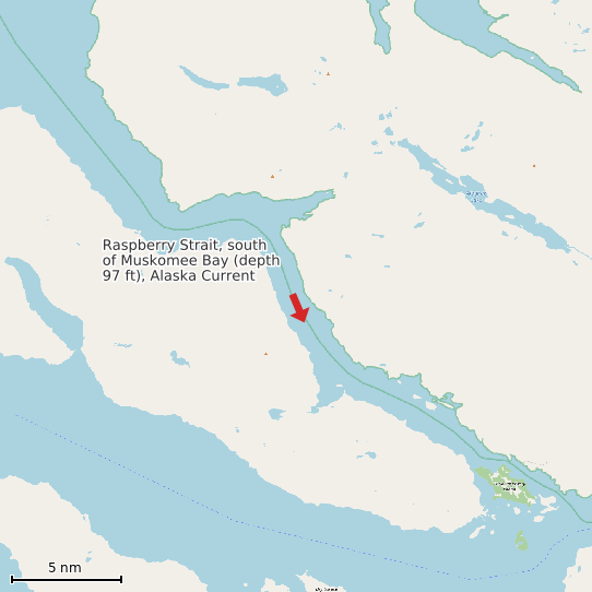 Map of Raspberry Strait, south of Muskomee Bay (depth 97 ft), Alaska Current Prediction Station