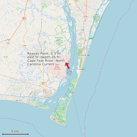 Map of Reaves Point, 0.3 mi east of (depth 26 ft), Cape Fear River, North Carolina Current Prediction Station