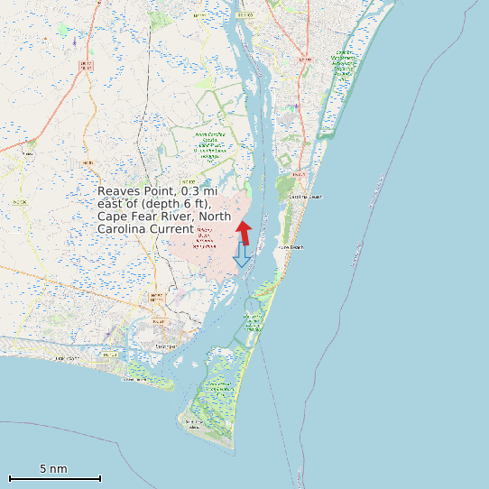 Map of Reaves Point, 0.3 mi east of (depth 6 ft), Cape Fear River, North Carolina Current Prediction Station