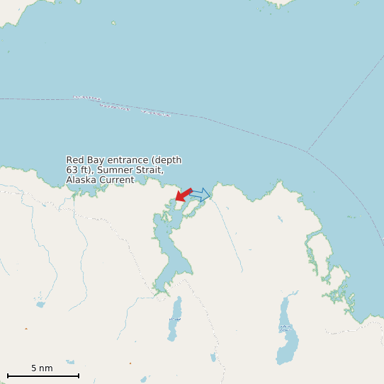 Map of Red Bay entrance (depth 63 ft), Sumner Strait, Alaska Current Prediction Station