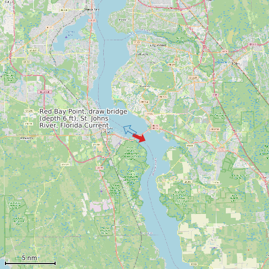 Map of Red Bay Point, draw bridge (depth 6 ft), St. Johns River, Florida Current Prediction Station
