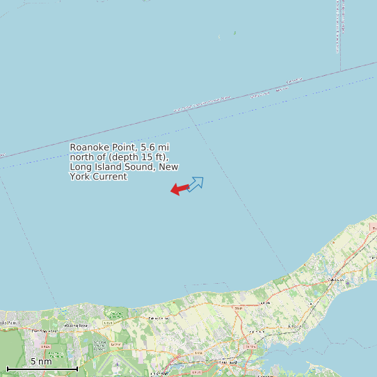 Map of Roanoke Point, 5.6 mi north of (depth 15 ft), Long Island Sound, New York Current Prediction Station