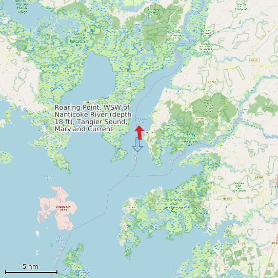 Map of Roaring Point, WSW of Nanticoke River (depth 18 ft), Tangier Sound, Maryland Current Prediction Station