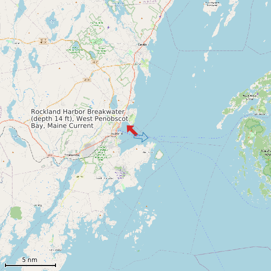 Map of Rockland Harbor Breakwater (depth 14 ft), West Penobscot Bay, Maine Current Prediction Station