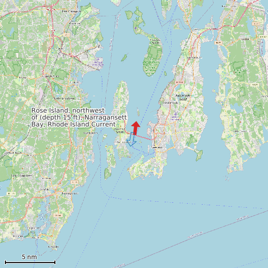 Map of Rose Island, northwest of (depth 15 ft), Narragansett Bay, Rhode Island Current Prediction Station