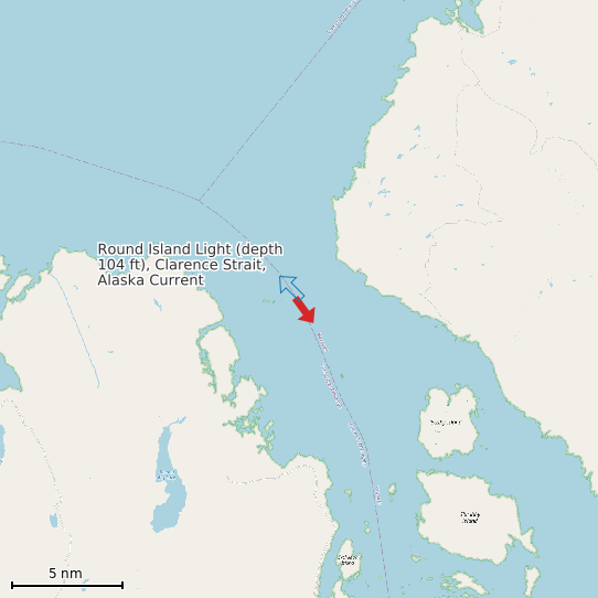 Map of Round Island Light (depth 104 ft), Clarence Strait, Alaska Current Prediction Station