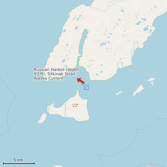 Map of Russian Harbor (depth 93 ft), Sitkinak Strait, Alaska Current Prediction Station
