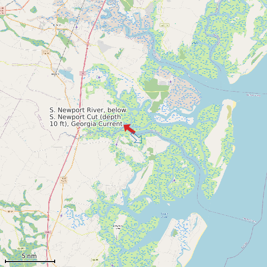 Map of S. Newport River, below S. Newport Cut (depth 10 ft), Georgia Current Prediction Station