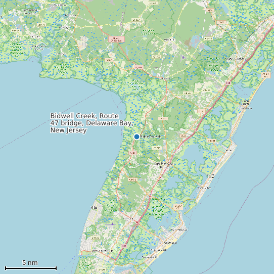 Map of Bidwell Creek, Route 47 bridge, Delaware Bay, New Jersey Tide Prediction Station