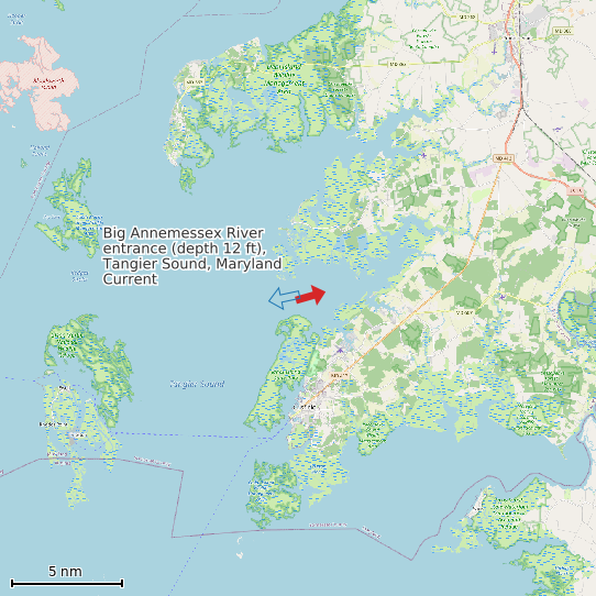 Map of Big Annemessex River entrance (depth 12 ft), Tangier Sound, Maryland Current Prediction Station
