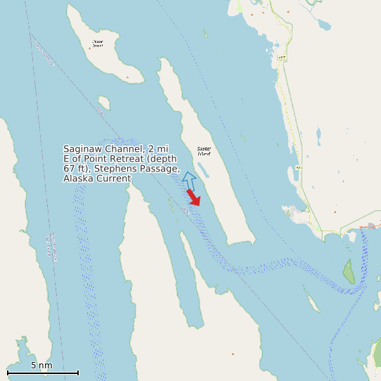 Map of Saginaw Channel, 2 mi E of Point Retreat (depth 67 ft), Stephens Passage, Alaska Current Prediction Station