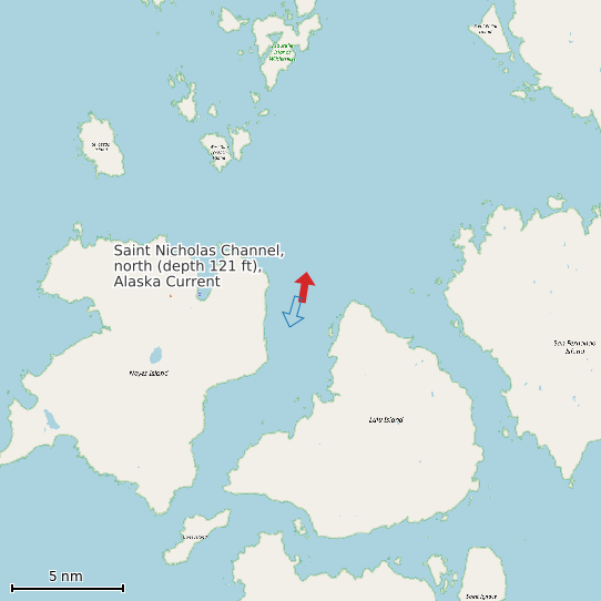 Map of Saint Nicholas Channel, north (depth 121 ft), Alaska Current Prediction Station