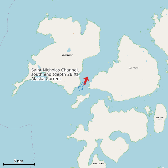 Map of Saint Nicholas Channel, south end (depth 28 ft), Alaska Current Prediction Station