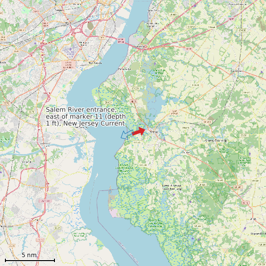 Map of Salem River entrance, east of marker 11 (depth 1 ft), New Jersey Current Prediction Station