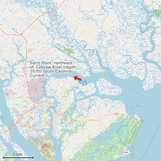 Map of Sams Point, northeast of, Coosaw River (depth 10 ft), South Carolina Current Prediction Station