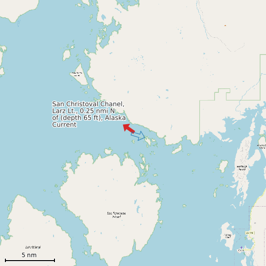 Map of San Christoval Chanel, Larz Lt., 0.25 nmi N of (depth 65 ft), Alaska Current Prediction Station