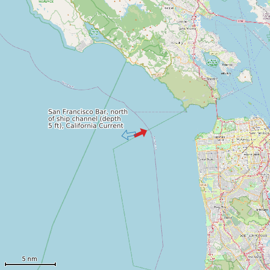 Map of San Francisco Bar, north of ship channel (depth 5 ft), California Current Prediction Station