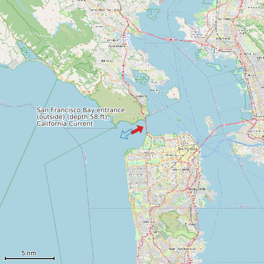 Map of San Francisco Bay entrance (outside) (depth 58 ft), California Current Prediction Station