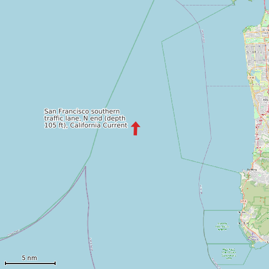 Map of San Francisco southern traffic lane, N end (depth 105 ft), California Current Prediction Station