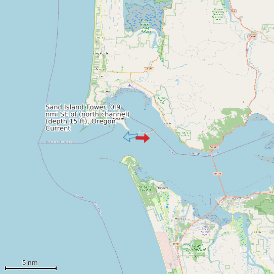 Map of Sand Island Tower, 0.9 nmi SE of (north channel) (depth 15 ft), Oregon Current Prediction Station