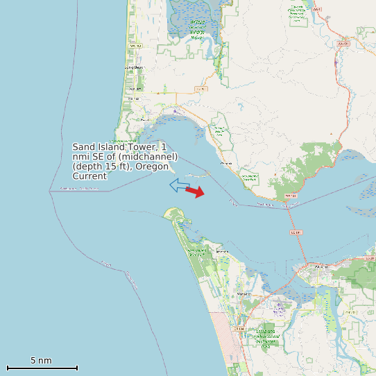 Map of Sand Island Tower, 1 nmi SE of (midchannel) (depth 15 ft), Oregon Current Prediction Station