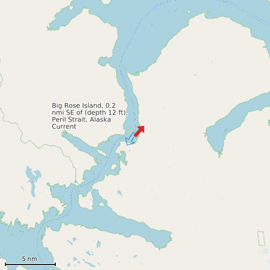 Map of Big Rose Island, 0.2 nmi SE of (depth 12 ft), Peril Strait, Alaska Current Prediction Station