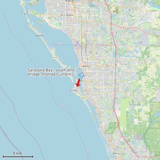 Map of Sarasota Bay, south end, bridge, Florida Current Prediction Station