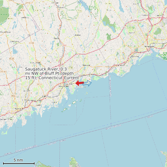 Map of Saugatuck River, 0.3 mi NW of Bluff Pt (depth 15 ft), Connecticut Current Prediction Station