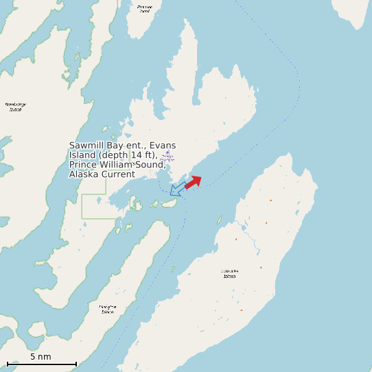 Map of Sawmill Bay ent., Evans Island (depth 14 ft), Prince William Sound, Alaska Current Prediction Station