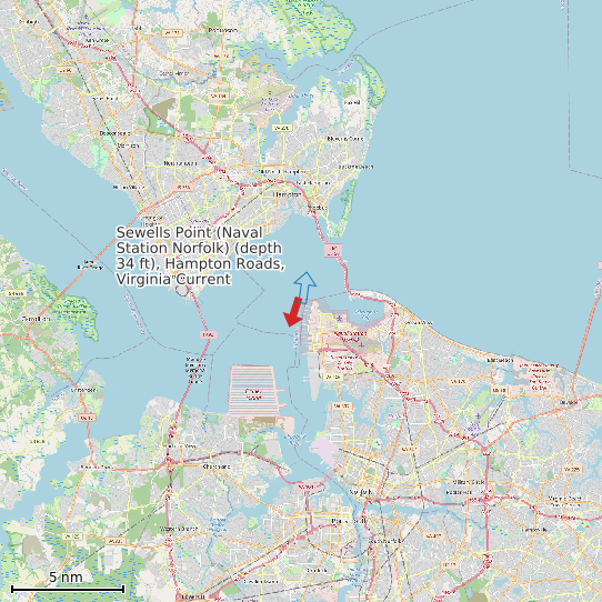 Map of Sewells Point (Naval Station Norfolk) (depth 34 ft), Hampton Roads, Virginia Current Prediction Station