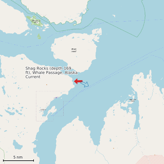 Map of Shag Rocks (depth 169 ft), Whale Passage, Alaska Current Prediction Station