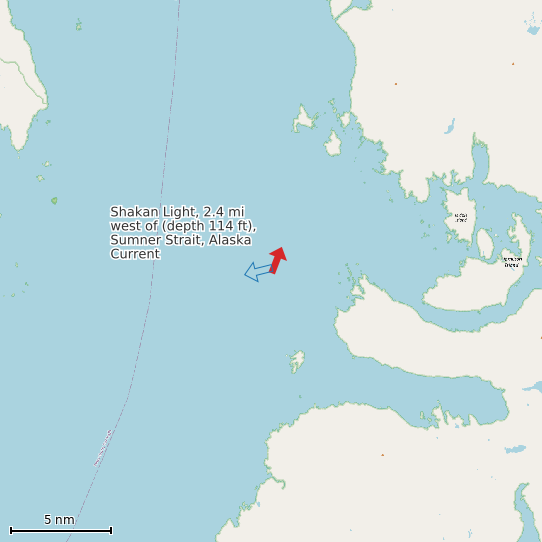 Map of Shakan Light, 2.4 mi west of (depth 114 ft), Sumner Strait, Alaska Current Prediction Station