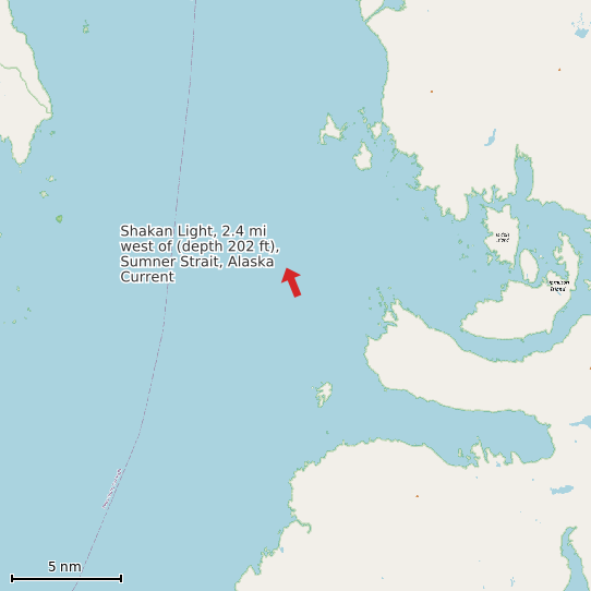 Map of Shakan Light, 2.4 mi west of (depth 202 ft), Sumner Strait, Alaska Current Prediction Station