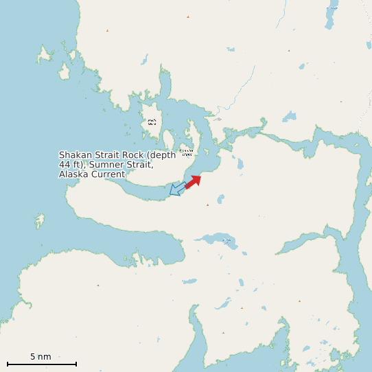 Map of Shakan Strait Rock (depth 44 ft), Sumner Strait, Alaska Current Prediction Station