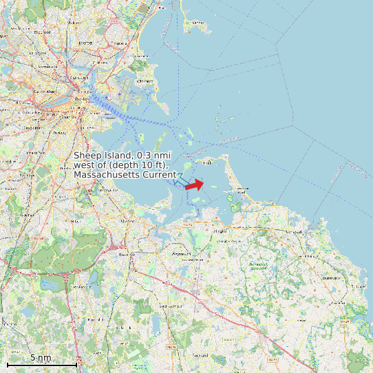 Map of Sheep Island, 0.3 nmi west of (depth 10 ft), Massachusetts Current Prediction Station