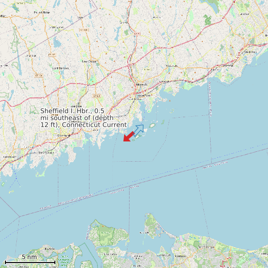 Map of Sheffield I. Hbr., 0.5 mi southeast of (depth 12 ft), Connecticut Current Prediction Station