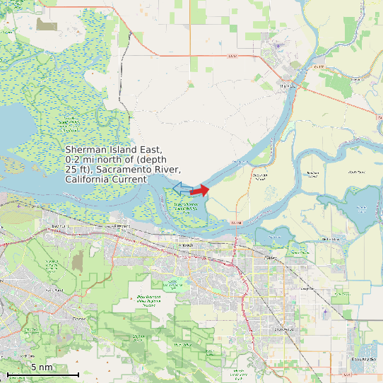 Map of Sherman Island East, 0.2 mi north of (depth 25 ft), Sacramento River, California Current Prediction Station