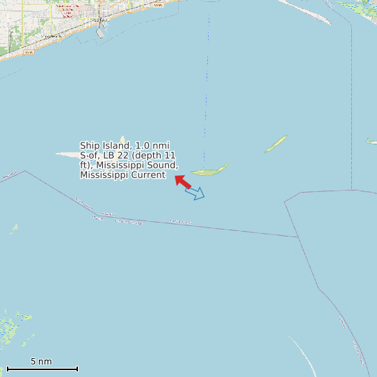 Map of Ship Island, 1.0 nmi S of, LB 22 (depth 11 ft), Mississippi Sound, Mississippi Current Prediction Station