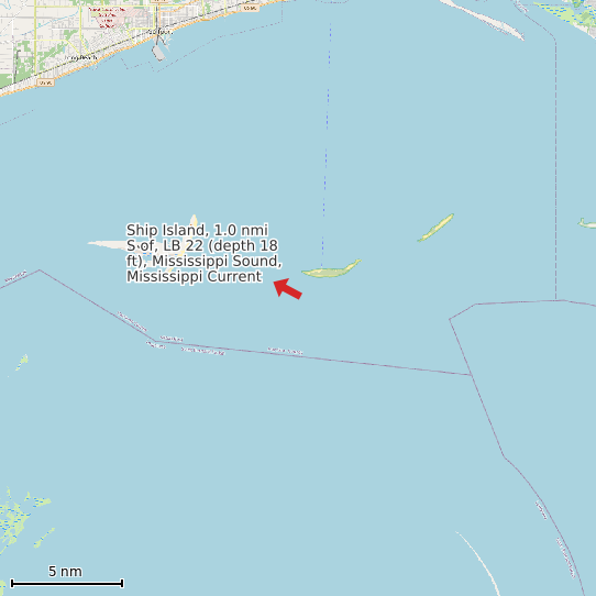 Map of Ship Island, 1.0 nmi S of, LB 22 (depth 18 ft), Mississippi Sound, Mississippi Current Prediction Station