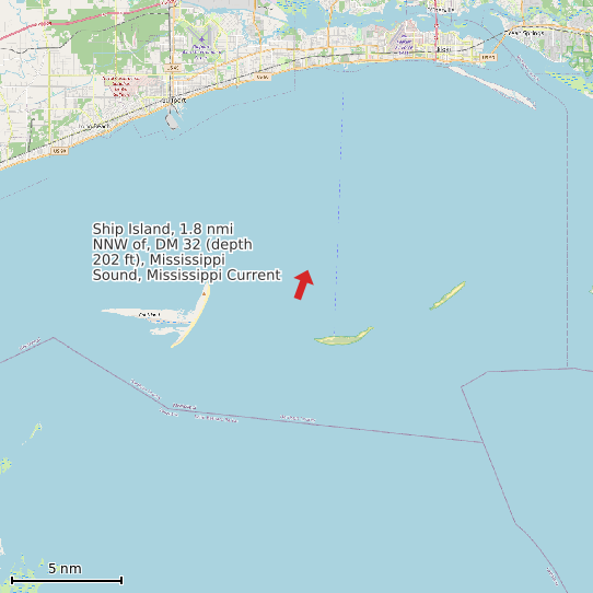 Map of Ship Island, 1.8 nmi NNW of, DM 32 (depth 202 ft), Mississippi Sound, Mississippi Current Prediction Station