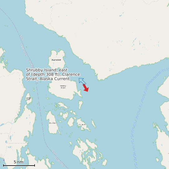 Map of Shrubby Island, east of (depth 308 ft), Clarence Strait, Alaska Current Prediction Station